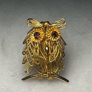 Vintage Owl Brooch | Gold Tone Rhinestone Bird Pin 1960s Signed Direction One